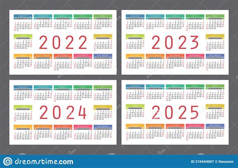 Calendar 2022 2023 2024 And 2025 Years English Colorful Vector Set