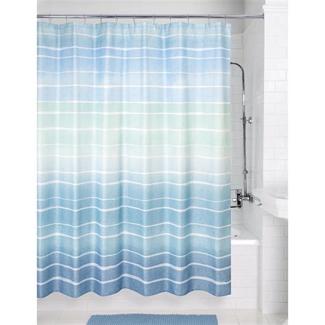 Metallic Ombre Stripe Blue Polyester Printed Fabric Shower Curtain By
