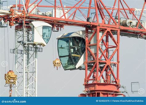 Two Tower Cranes Operator Cabins Facing Stock Image Image Of Hoist