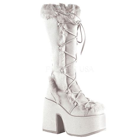 Camel 311 White Furry Lace Up Goth Platform Chunky 5 Heel Knee Boot Demonia Direct Totally