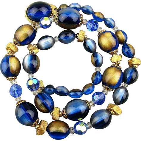 Vintage Lucite Moonglow Bead Necklace Blue Gold Beads