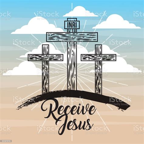 Receive Jesus Three Cross Sky Light Catholicism Stock Illustration