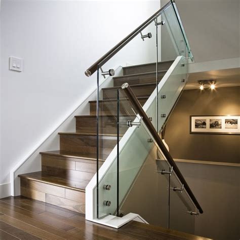 Maple Stair With Glass Railing And Stainless Steel Handrail And Stand