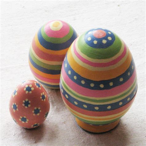 Nesting Easter Eggs Wood Hand Painted In Soft Muted Stripes