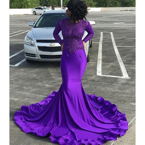 Purple Long Sleeves Mermaid Prom Dresses 2020 Lace Appliques Formal