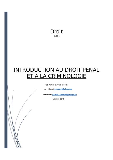 Droit Pénal Part 1 Droit Bloc 1 Introduction Au Droit Penal Et A