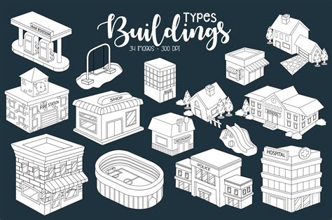 Neighbourhood Buildings Clipart Coloring Graphic By Inkley Studio