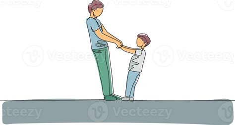 One continuous line drawing of young father and his son holding hands
