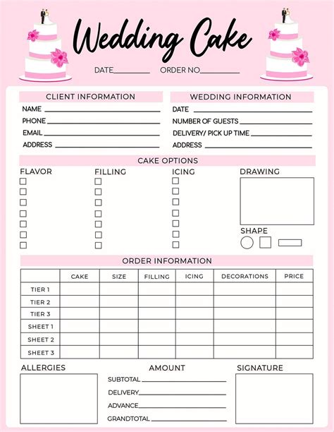 Wedding Cake Pink Order Form Template Editable Bakery Order | Etsy