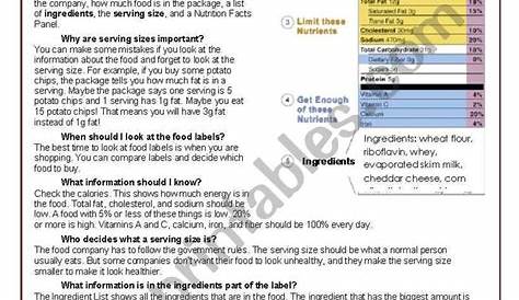 Reading Food Label Worksheet Reading Food Labels Esl Worksheet by
