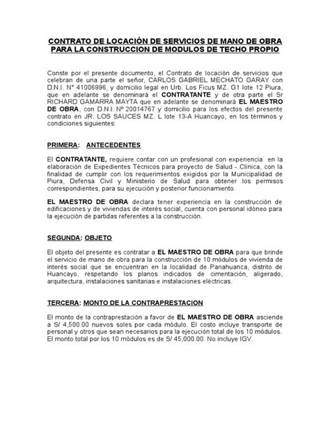 Contrato Maestro De Obra Pdf Business