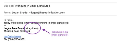 The links in the examples below will take people back to this guide so they can learn more about why you have included pronouns in your signature. Adding your Pronouns to your Email Signature - Should you?