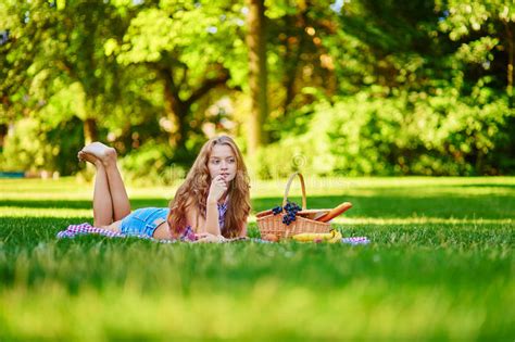 Beautiful Girl Having A Picnic In Park Stock Image Image Of Basket Fruits 48759975