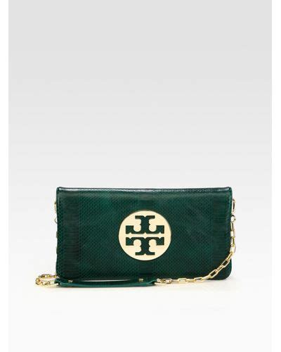 Tory Burch Reva Snake Embossed Leather Clutch In Green Lyst