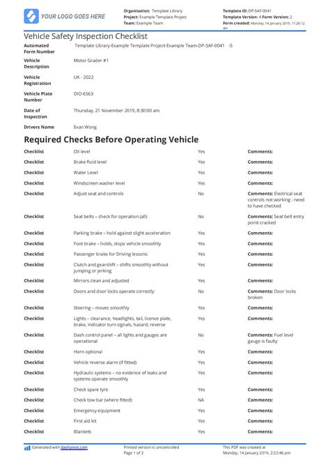 Vehicle Safety Inspection Checklist Template Free And Customisable