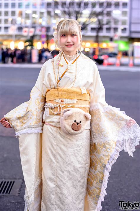 Handmade Japanese Kimono On The Street In Tokyo For Coming Of Age Day