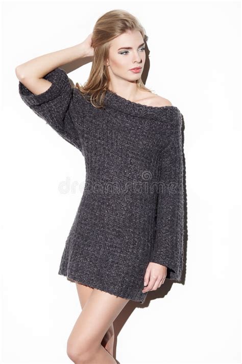 Portrait Of Beautiful Woman In Knitted Dress Fashion Photo Blonde Girl Stock Image Image Of