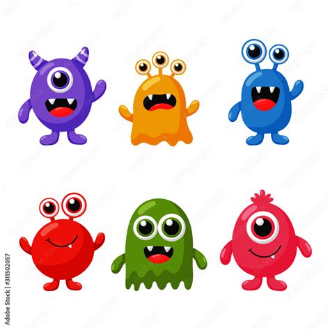 Set Of Cute Funny Monster Cartoon Isolated On White Background