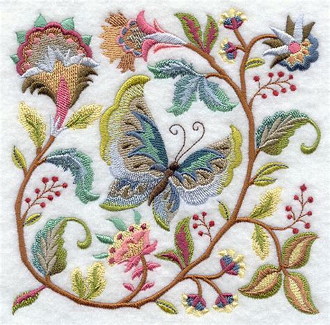 Jacobean Butterfly And Flower Square 1 Machine Embroidered Quilt