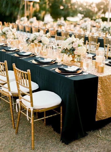 Our tablecloths will transform the drearest tables into true showstoppers! 20 Black and Gold Wedding Color Ideas for Fall /Winter | Deer Pearl Flowers