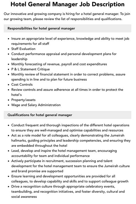 Hotel General Manager Job Description Velvet Jobs
