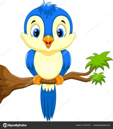 Dibujos Animados Lindo Pájaro Azul Rama Árbol — Vector De Stock