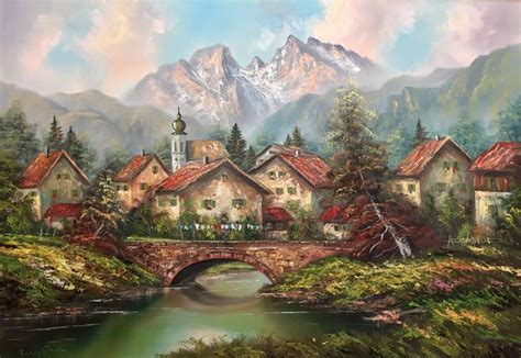 German Village Original Oil On Canvas By Rudolph Böttche Landscape