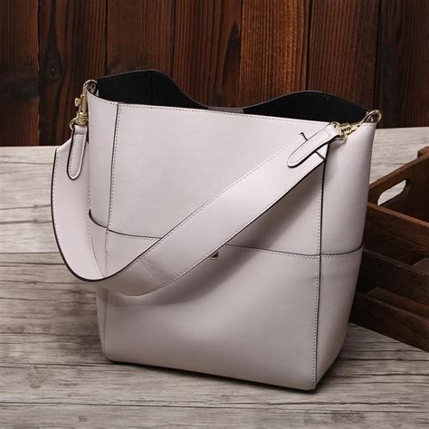 Womens Off White Genuine Leather Shoulder Bucket Bag With Wide Strap