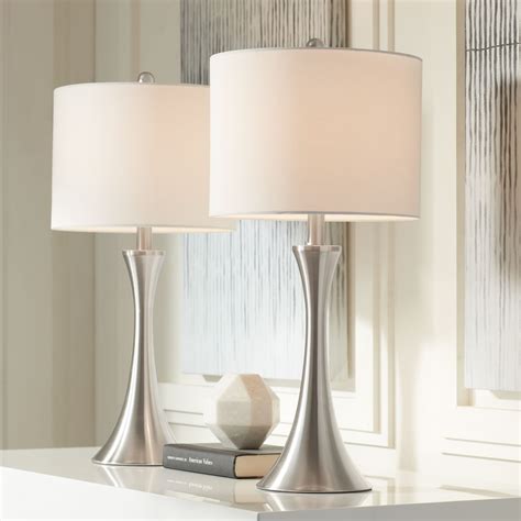 360 Lighting Modern Table Lamps 24 High Set Of 2 Led Dimmable Curved Brushed Nickel White Drum