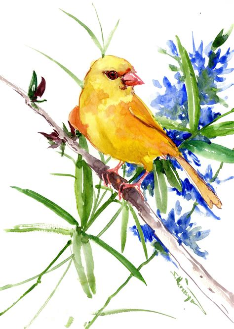Bird Artwork Original Watercolor Painting Canary And Flowers Bird