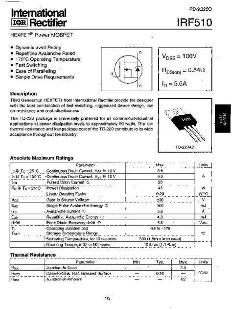 Irf510 Datasheet16 Pages Irf Power Mosfetvdss100v Rdson0