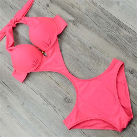 Sexy Cut Out One Piece Swimsuit Pink Swimwear Women 2017 Push Up Swim