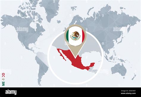 Resumen Mapa Del Mundo Azul Con México Magnificado Bandera Y Mapa De