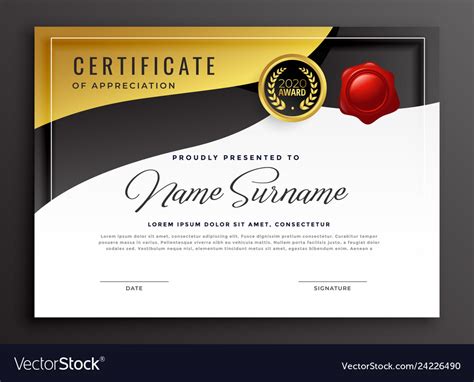 Golden Certificate Of Appreciation Template Vector Image