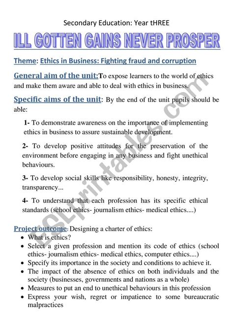 Ethics In Business Esl Worksheet By Khadijatulip