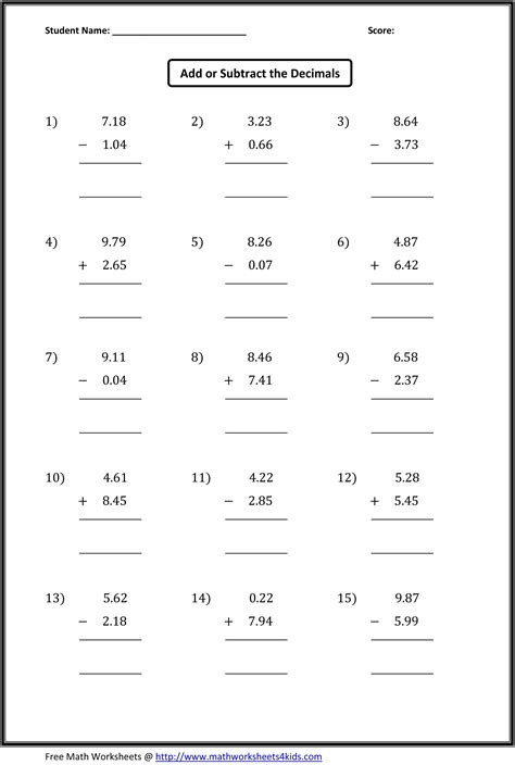 5th Grade Decimal Fraction Worksheet