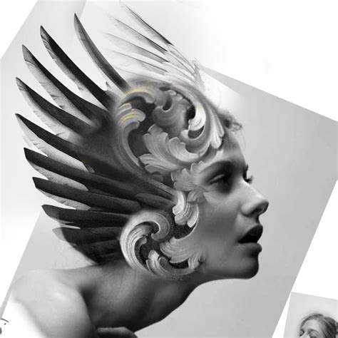 A Woman With Wings On Her Head In Black And White