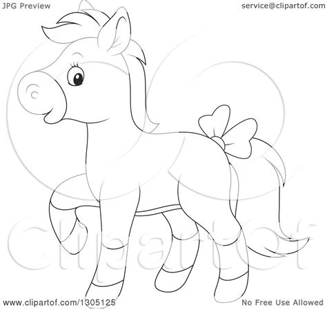 Lineart Clipart Of A Cartoon Black And White Happy Horse Pony Walking