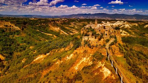 Approaching Medieval Town Of Civita Di Bagnoregio From A Drone Italy