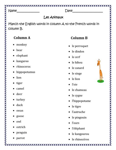 45 French Animal Names Worksheet Image Temal