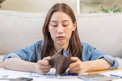 Stressed Problem Business Person Woman Holding And Open Empty Wallet Purse No Have Money For