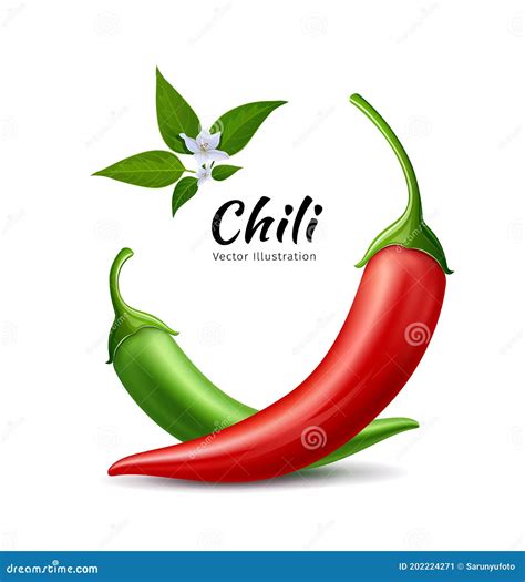 Chili Peppers Red And Green Fresh With Leaves And Flower Chili
