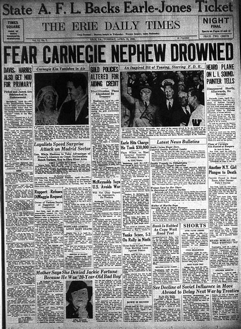 April 19 1938 Newspaper Cover Newspaper Article Daily Newspaper