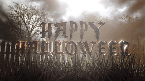 Animation text Happy Halloween and mystical halloween background with dark forest and fog ...