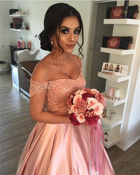 Elegant Lace Off Shoulder Pink Satin Wedding Dresses Ball Gowns Pink