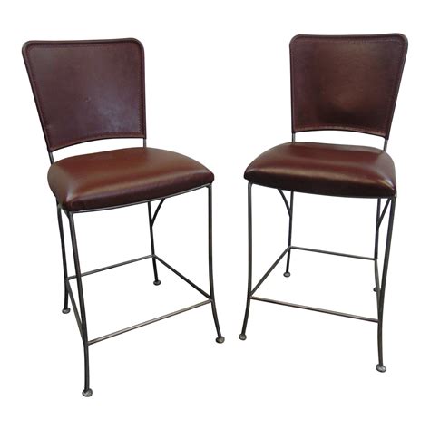 Rustic Leather And Iron Bar Stools A Pair Chairish