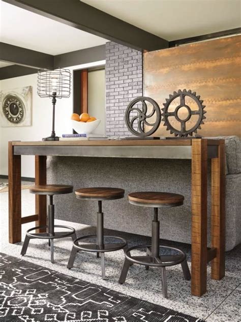 Rustic Behind The Couch Bar Table With Wood And Metal Stools Interior