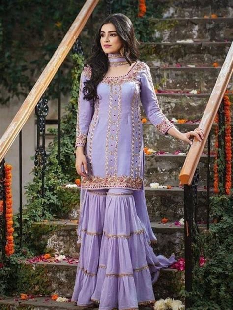 Lavender Sharara Suit With Embroidery Work Indian Salwar Kameez Wedding Wear Suit Readymade
