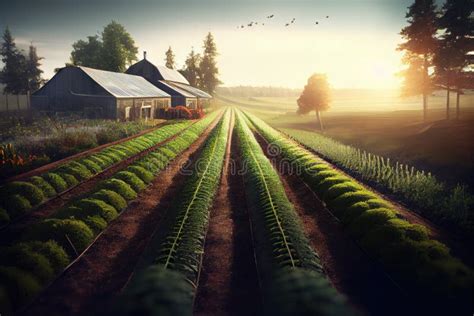 Organic Farm With Rows Of Vegetables And Herbs Growing In The Sun