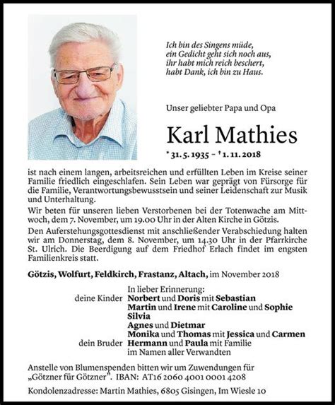 Todesanzeigen Von Karl Mathies Todesanzeigen Vorarlberger Nachrichten